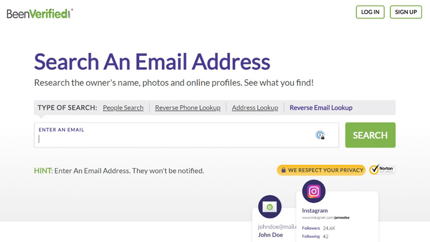 BeenVerified's reverse email lookup option to find out who owns email address.