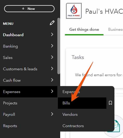 Section in QuickBooks where you can navigate to the Bills tab under Expenses.