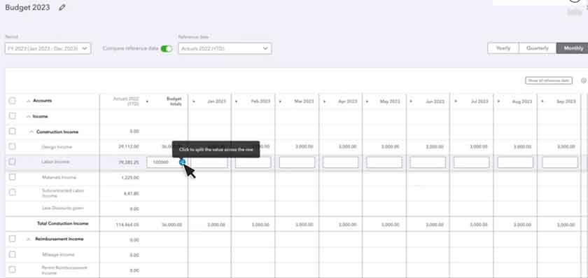 Image showing the budget worksheet of QuickBooks Online.