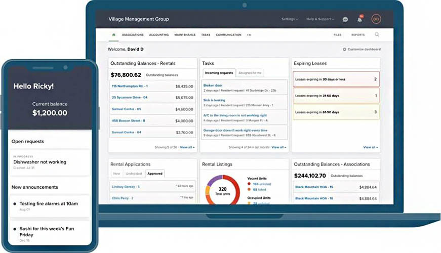 Desktop and mobile versions of the Buildium property manager dashboard