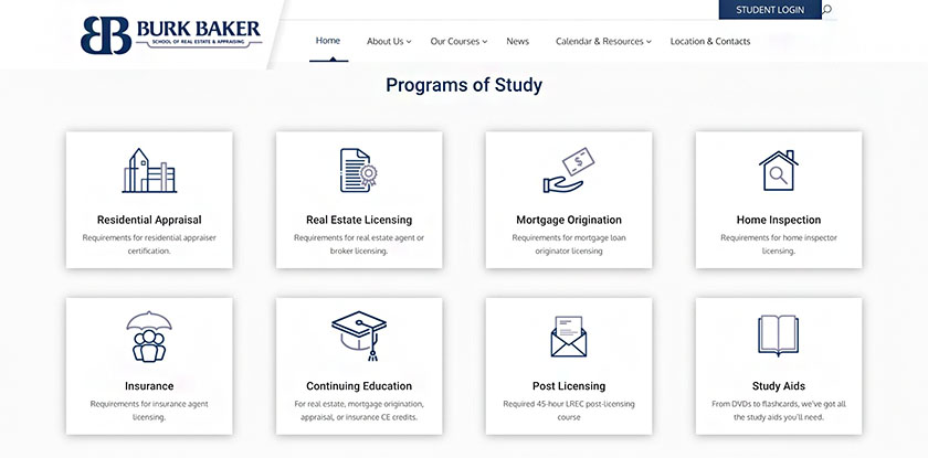 Burk Baker's School of webpage that shows programs of study.