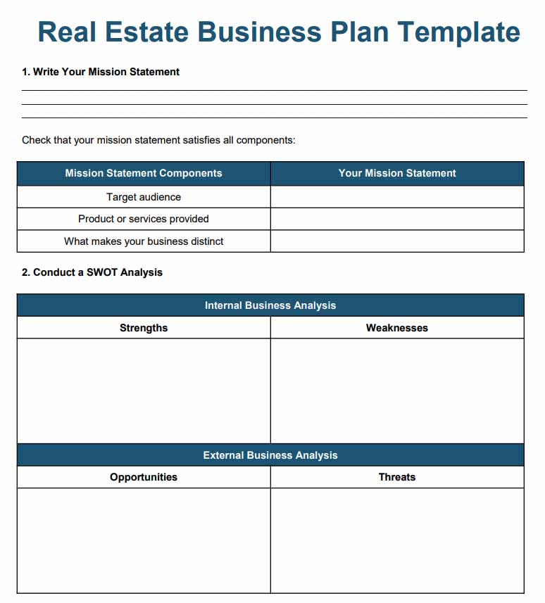 Real estate business plan template from Fit Small Business.