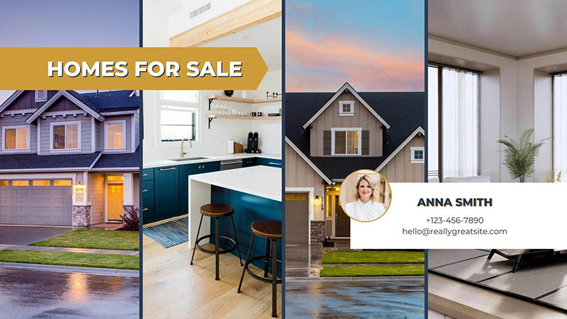 Several Canva real estate agent Facebook cover photo templates displaying homes