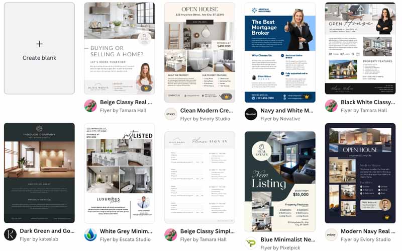 Canva search results for real estate flyer templates.
