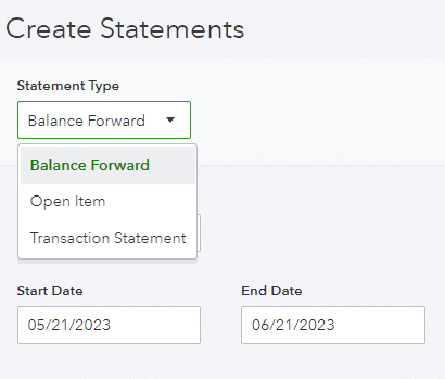 Screen where you can select the statement type in QuickBooks, whether it's balance forward, open item, or transaction statement