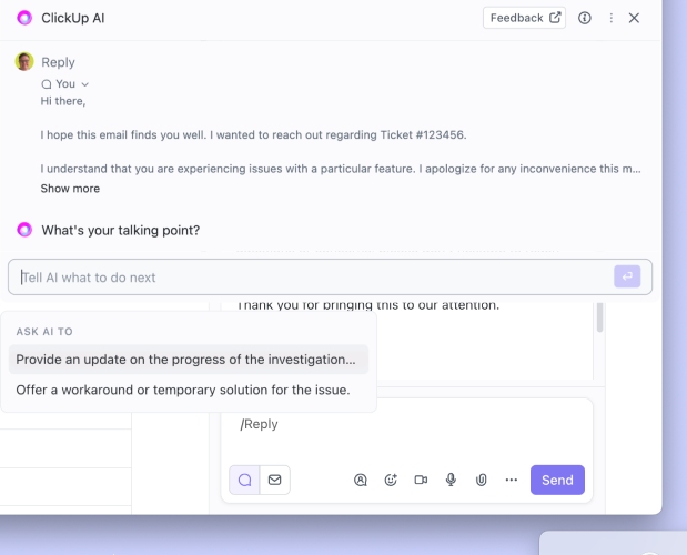 ClickUp AI helps in writing or replying to emails