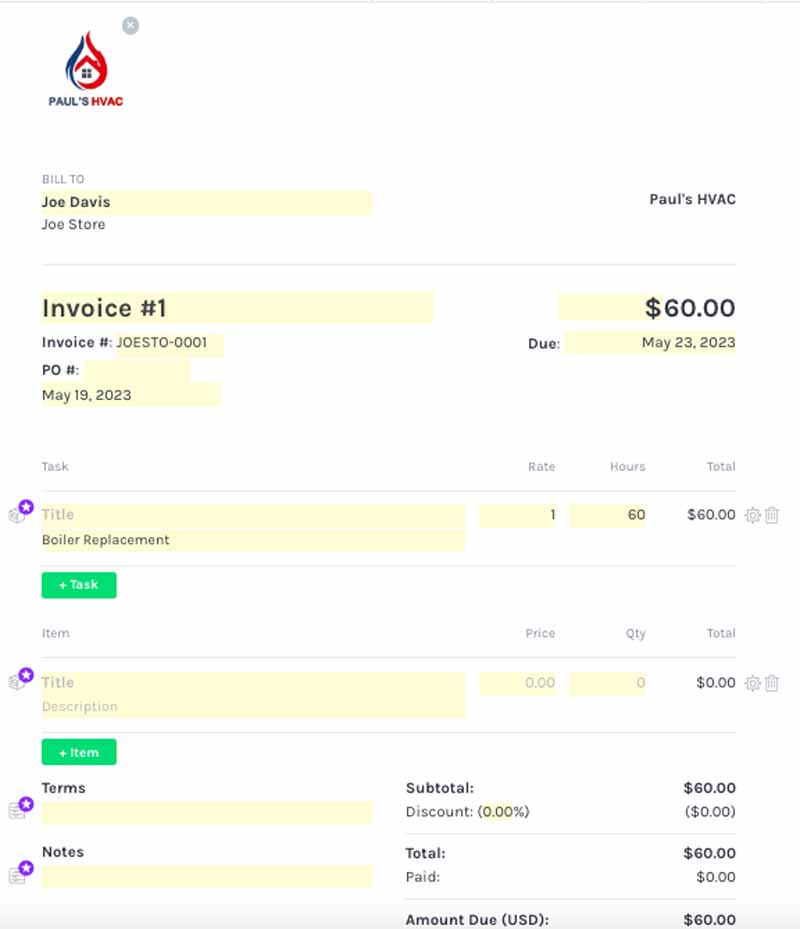 New invoice creation form in ZipBooks.