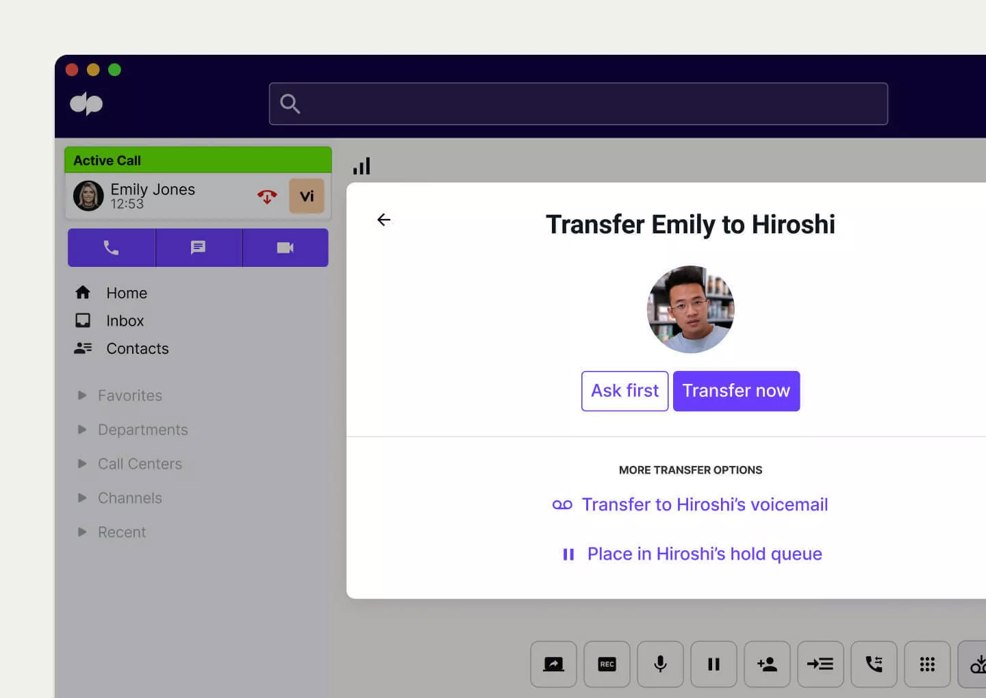 A Dialpad dialog box for call transfer showing the "Ask first" and "Transfer now" buttons, and other transfer options.