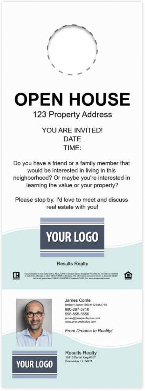 Door hanger open house invitation template from ProspectsPLUS!.