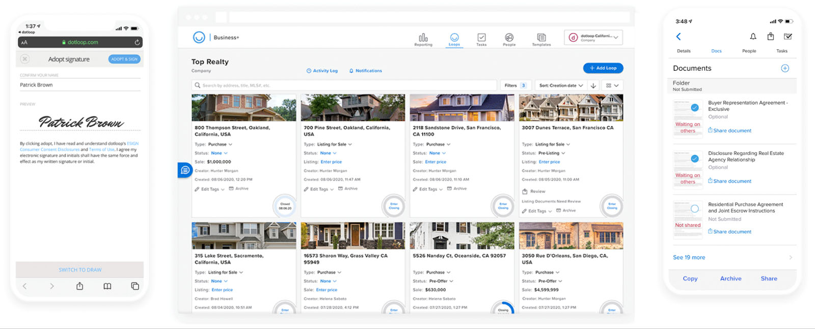 Screenshot of Dotloop real estate transaction management features.