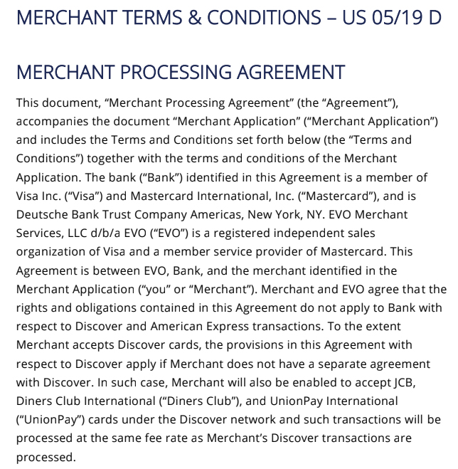 EVO Payments Merchant Agreement.