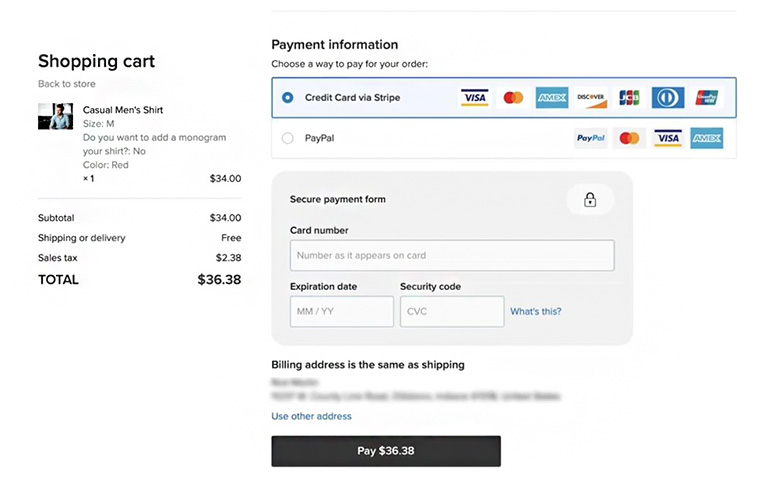 Ecwid checkout page example with two payment methods stripe paypal
