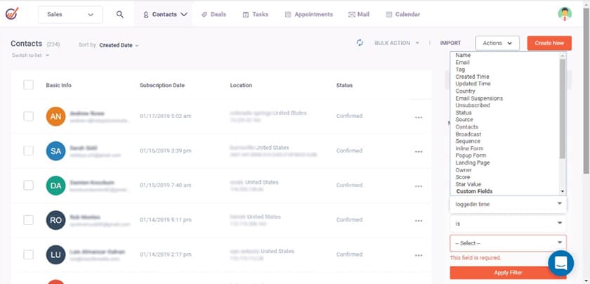 An example of EngageBay's contacts view with records of customer interactions.