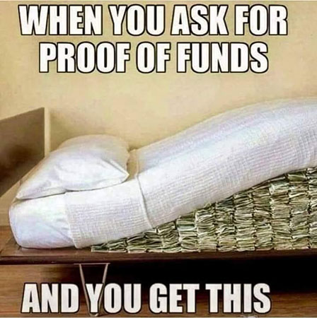 Real estate meme with cash stacked under a mattress.