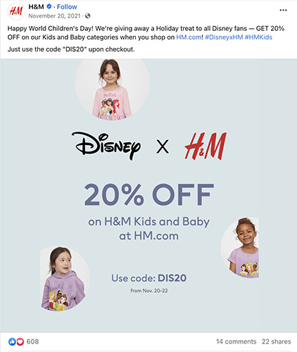 Facebook coupon examples by H&M