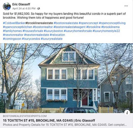 Example Facebook real estate post with hashtags from Eric Glassoff