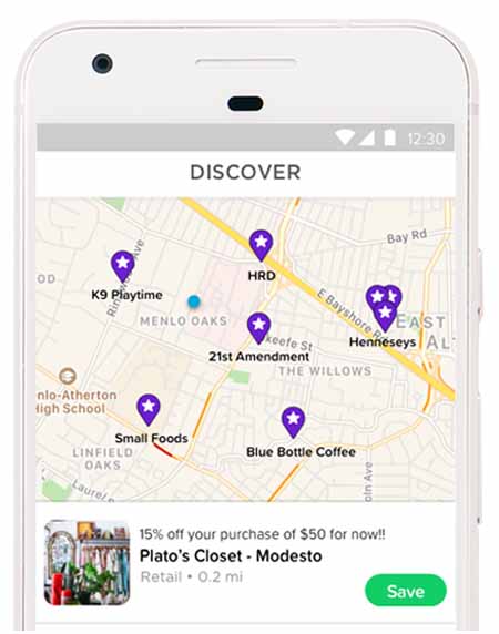 Fivestars app with map of nearby businesses, Plato's Closet selected