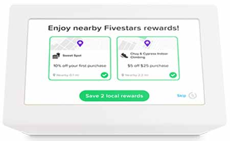 Fivestars tablet with ads for nearby Fivestars rewards.
