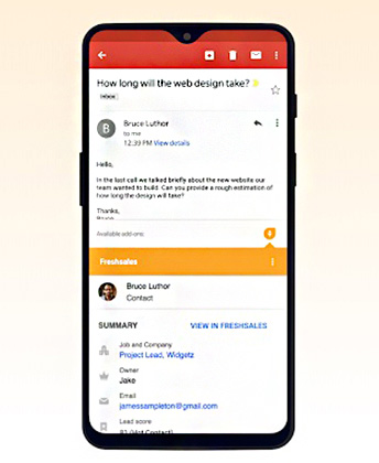 A mobile phone screen showing Gmail accessing Freshsales data.