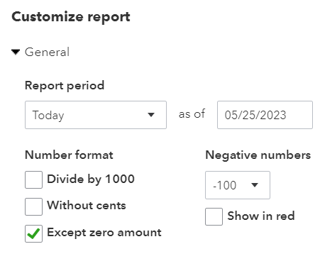 General options for setting up your QuickBooks Accounts payable aging report including report period and number format