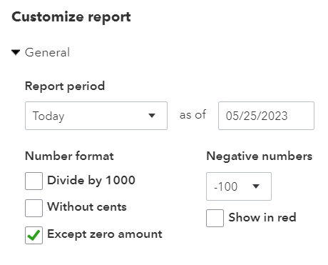 General options for setting up your QuickBooks A/R aging report including report period and number format