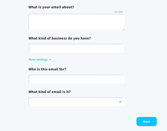 Form with fields for keywords, business type, audience, and email type