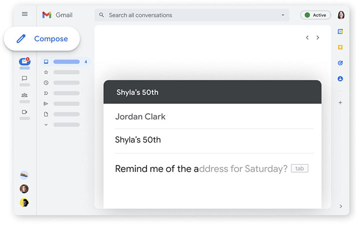 Gmail interface highlighting the “Compose” button and showing an email textbox with a subject titled “Shyla’s 50th” and a message body that includes a system-recommended response.
