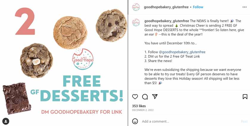 Good Hope Bakery's Free Desserts promotion on Instagram.