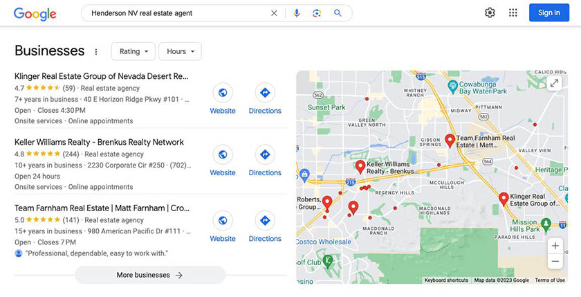 Google My Business real estate 3-pack example for "Henderson NV real estate agent"