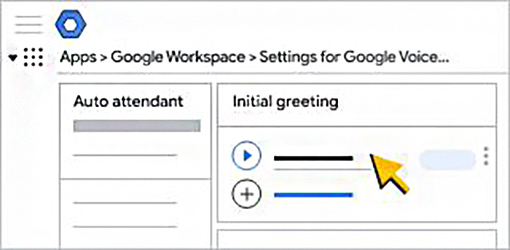 Graphics of Google Voice settings where users can hear and add recorded greetings