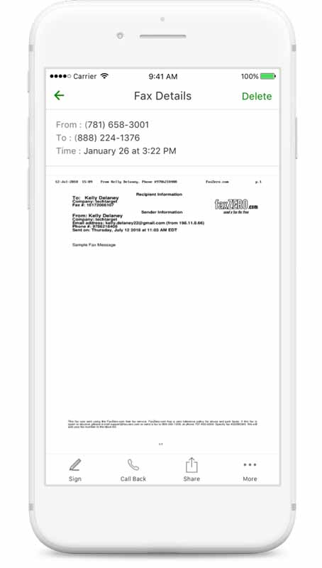 iPhone interface showing virtual fax received via email.