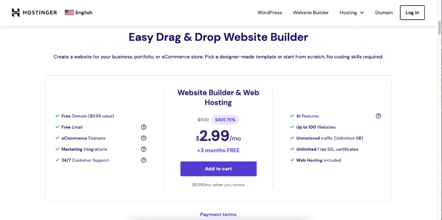 Hostinger's pricing plan for the website builder & web hosting.