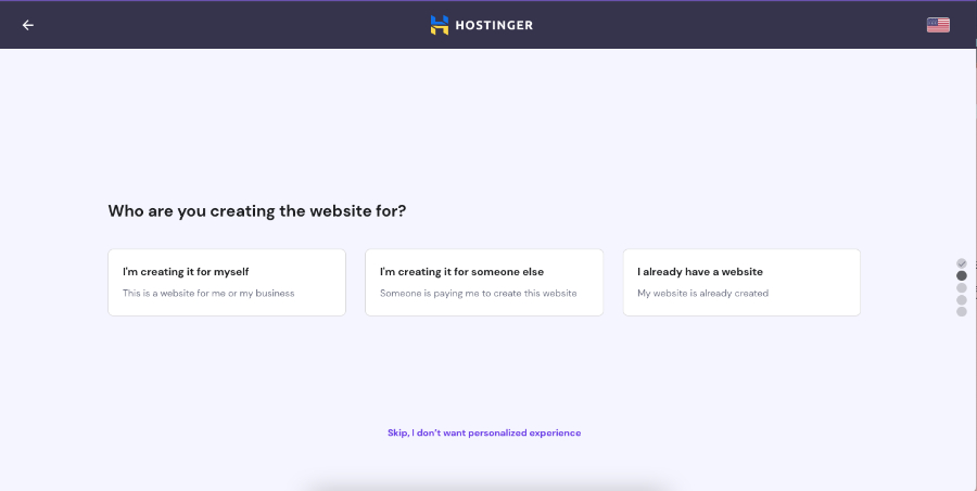 Hostinger's setup prompt for your website's purpose