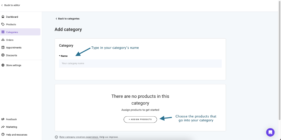 Filling in the product category form in your online store