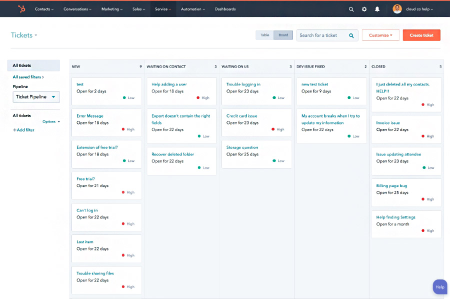 An example of HubSpot Service Hub's free help desk and ticketing system.