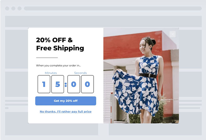 Popup coupon with timer-based promotion code.