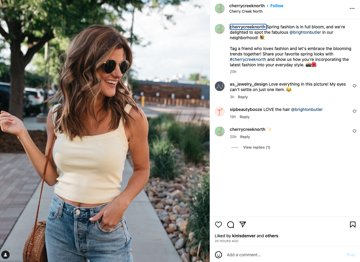 Instagram post from Cherry Creek North with fashion influencer in yellow tank and jeans.