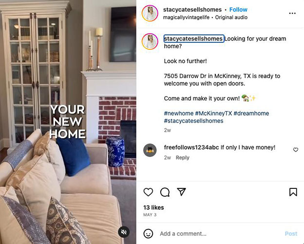Instagram real estate video with hashtags from @Stacycatesellshomes