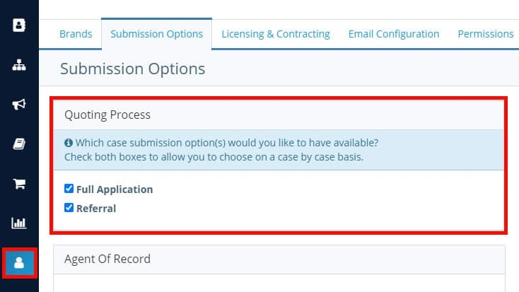 Insureio's Submission Options tab showing how users can create quotes for their insurance offerings.