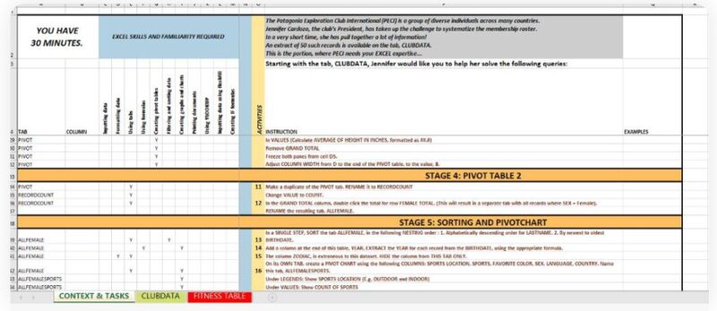 Excel spreadsheet for testing candidate skills