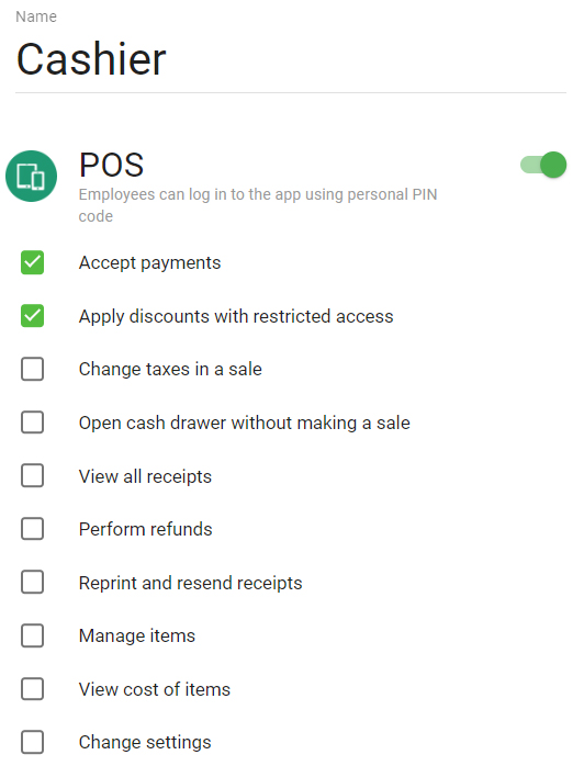 Loyverse employee permissions screen with several settings.