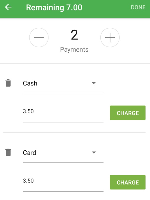 Loyverse split payment screen with cash and card amounts.
