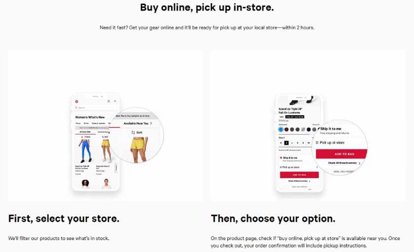 Lululemon's landing page explaining its BOPIS process