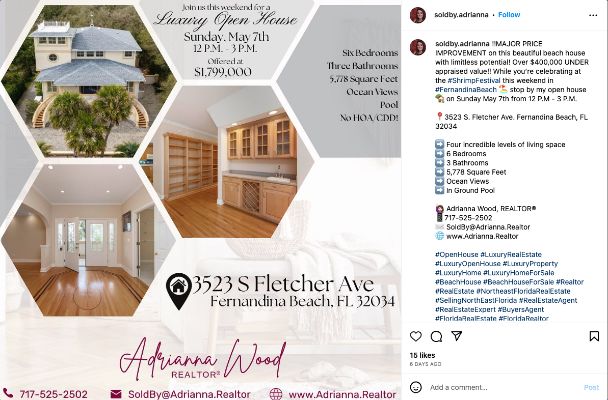 A sample luxury open house Instagram post.