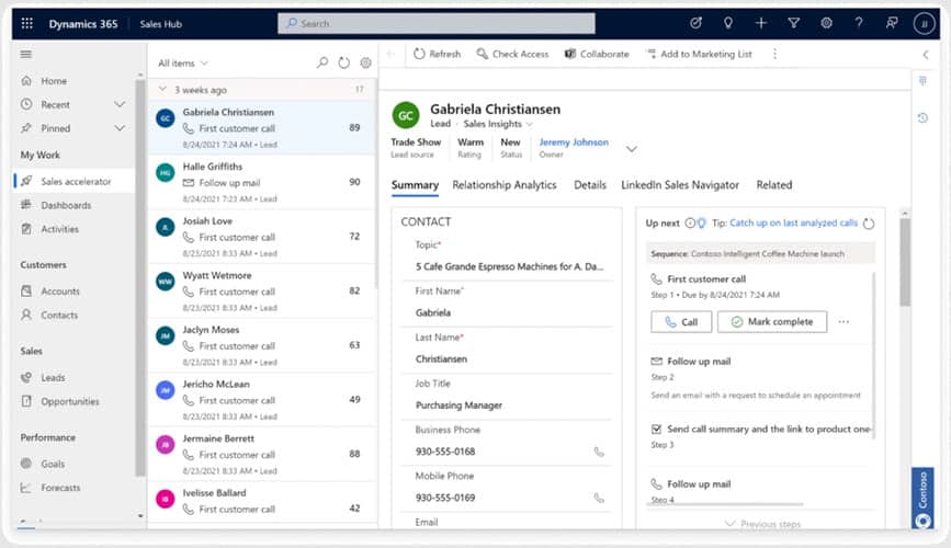 An example of Microsoft Dynamics 365 Sales Hub with suggested next best actions.