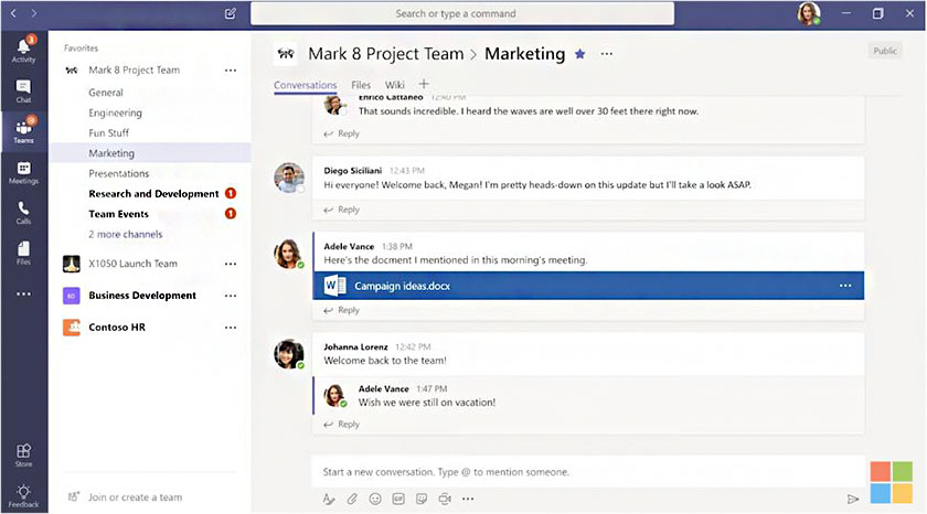 Microsoft Teams all-in-one workspace with team chat.