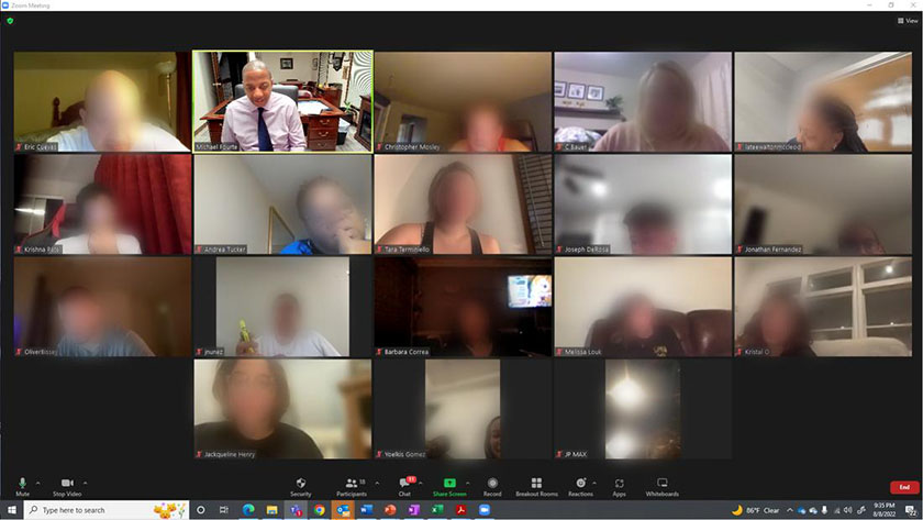 A screenshot of a Zoom livestream class, with students' faces blurred to respect their privacy.
