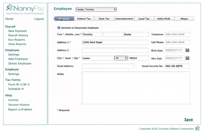 NannyPay's employee profiles let you store basic staff information.