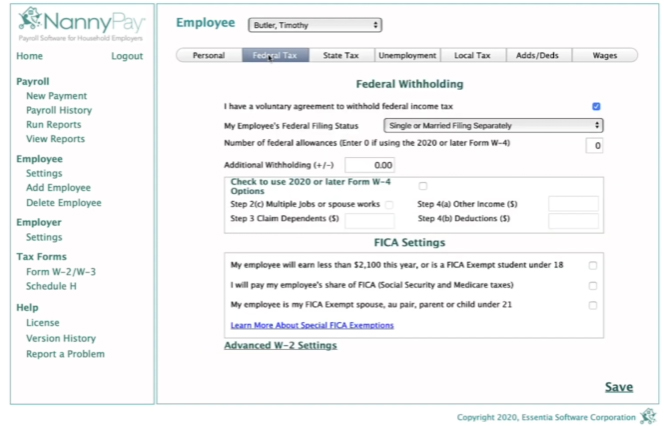 NannyPay lets you to set up federal, state, and local tax settings for employees.