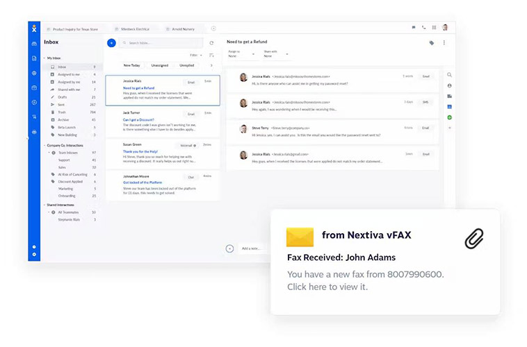 Nextiva's desktop interface with an overlay of a vFAX notification